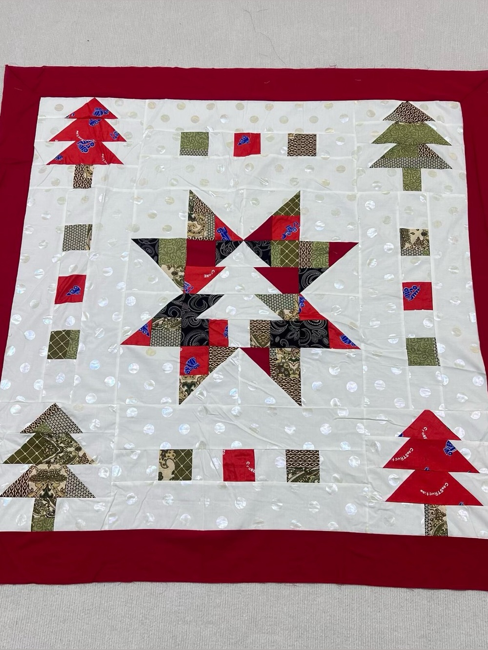 Handmade Christmas Pine Tree Star Baby Quilt Top 47x47" Pieced~BED/Wall Decor